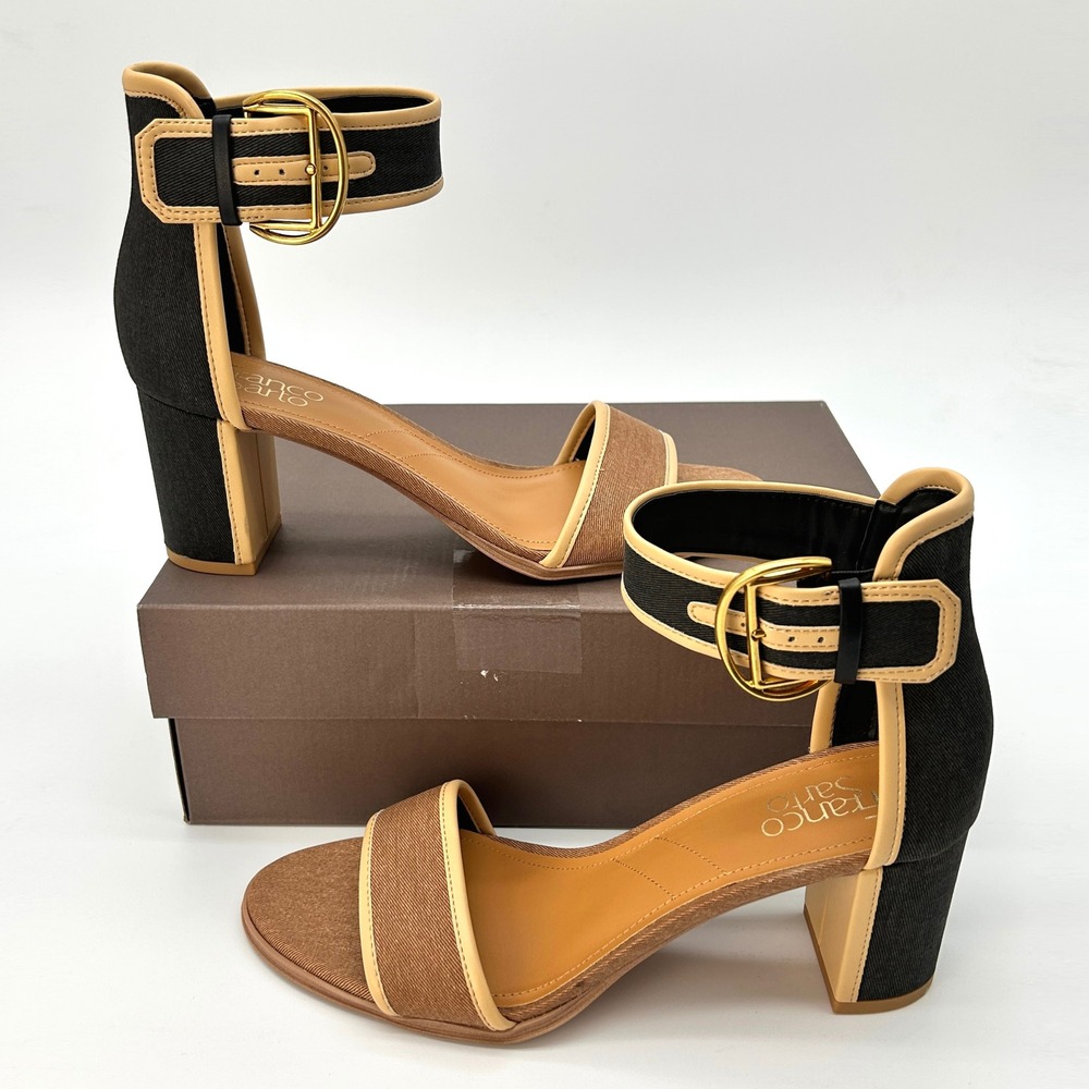 Womens Block Heel Sandals Franco Sarto Brooklyn Sz 10 Tan Black Ankle Strap NEW